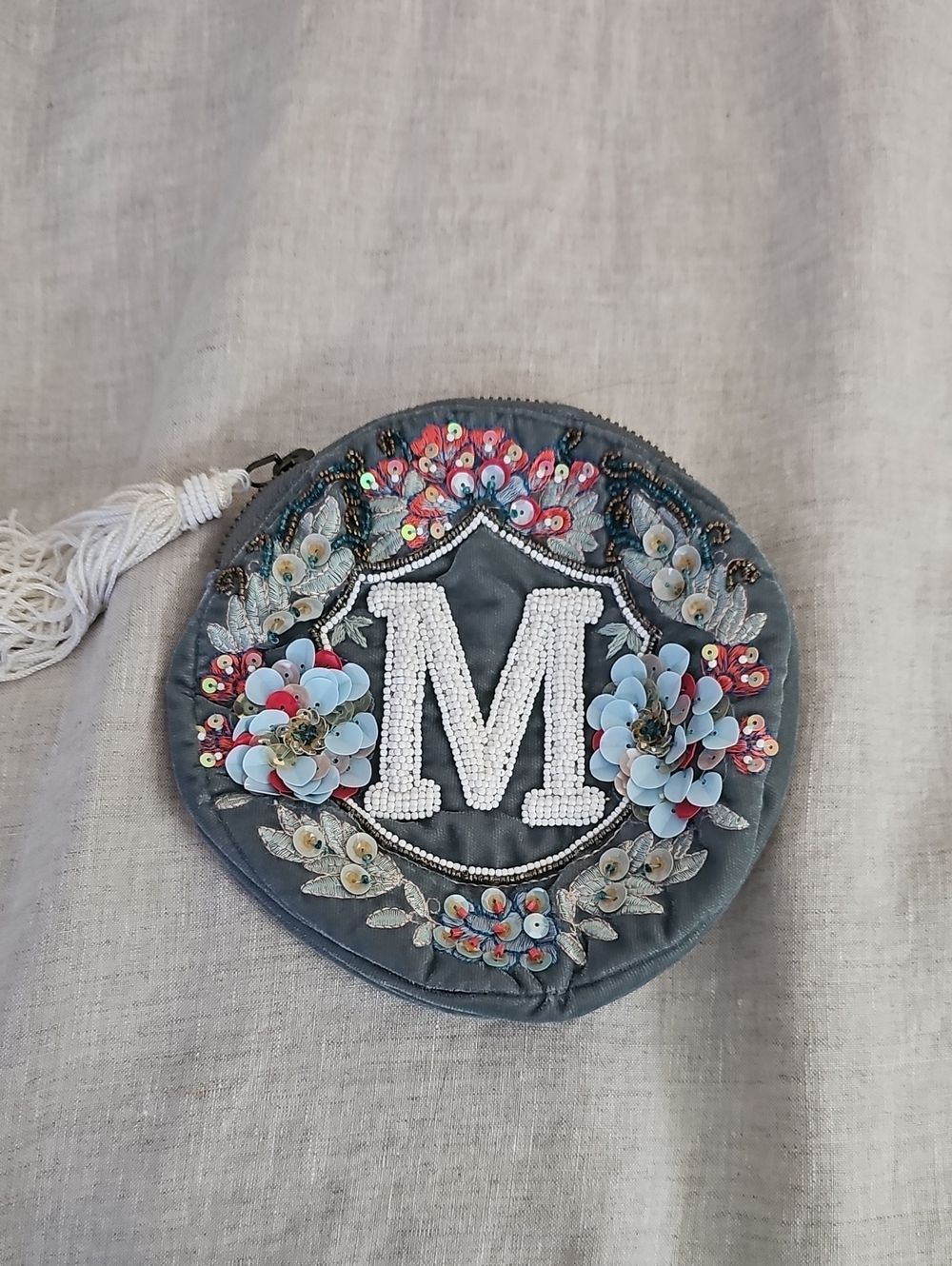 Anthropologie Gray Embellished Round Mini Bag with Beaded 'M'